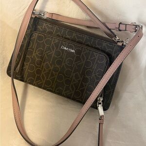 Calvin Klein Monogram Crossbody Bag in Brown and Pink